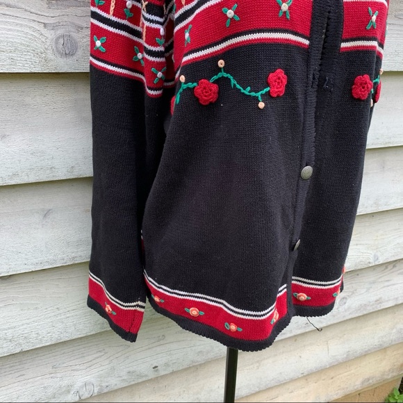 Vintage 90s Red and Black Striped Floral Crochet Crewneck Button Down Sweater - Picture 10 of 16